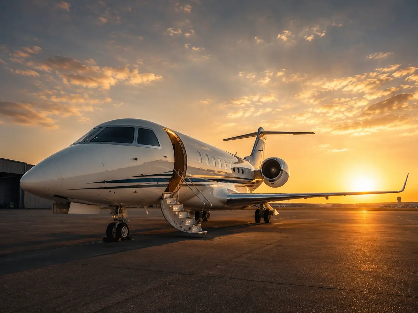 Private jet parked on runway at sunset
