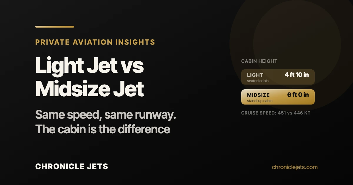 Light jet vs midsize jet comparison: light cabin 4 feet 10 inches, midsize cabin 6 feet, cruise speeds 451 and 446 knots