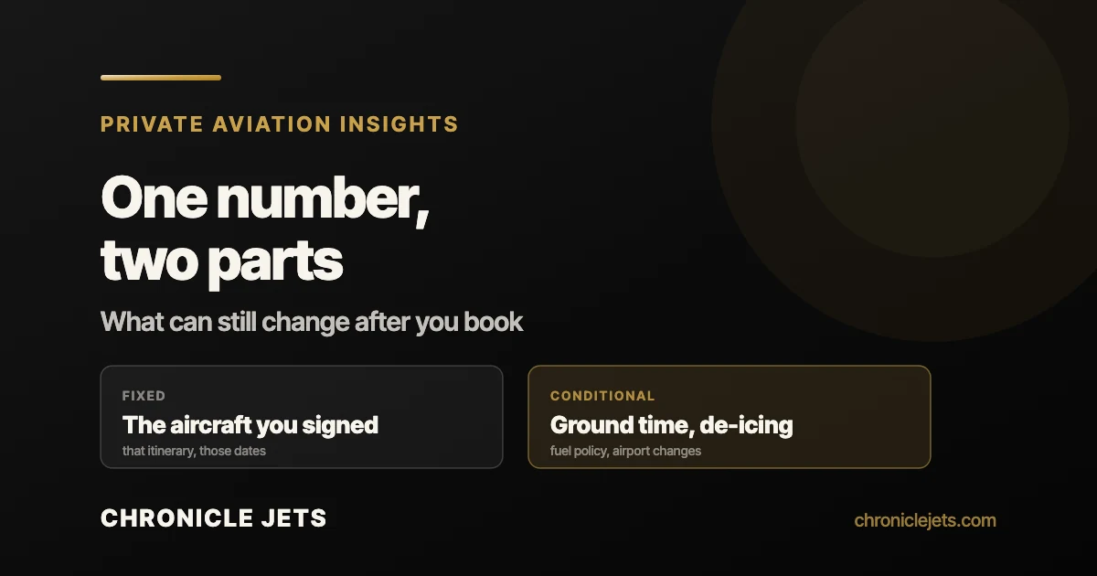 A charter quote is one number in two parts: the fixed aircraft you signed, and conditional items like ground time, de-icing, fuel policy and airport changes