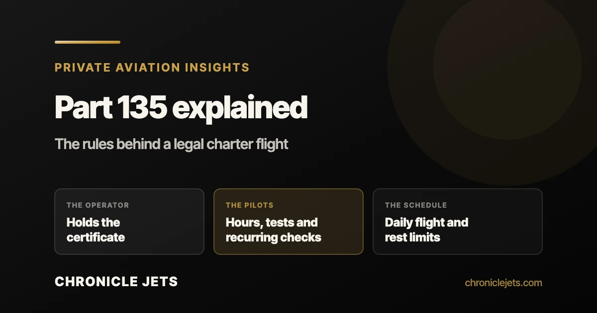 Part 135 explained: the operator holds the certificate, pilots meet hour and recurring check rules, and crews fly within daily flight and rest limits
